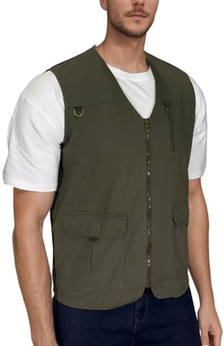 MeiLayM utomhusväst för män fiskeväst ledig andningsbar väst snabbtorkande verktygsväst flera fickor jakt väst ärmlös jacka fotografi toppar, Militärgrönt, 3XL