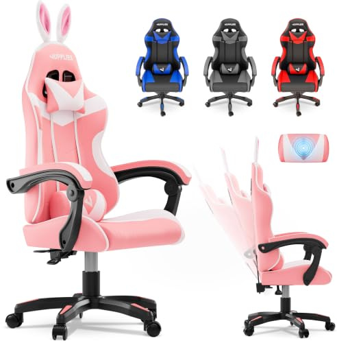 JUPPLIES Silla Gaming Profesional con Masajeador - Silla de Oficina Ergonómica, Altura Regulable y Respaldo Abatible - Silla Gamer (Rosa, Acolchado Arriba, Sin Reposapiés)