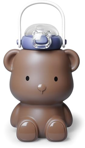 CLWVPCOT Bear Water Bottle for Girls, 16oz Cute Kawaii Teddy Bear Leak-Proof Stainless Steel Bottle with Straw & Strap, BPA-Free, Durable & Safe Drinking Cup, Gift for Kids & Girls (Brown)