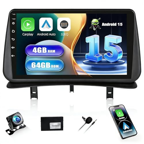 SIXWIN 4+64G Android 15 Radio Coche para Renault Clio 3 2005-2014 con CarPlay&Android Auto,9 Pulgadas Pantalla Táctil con Bluetooth/WiFi/GPS/FM/RDS/USB 32EQ con Cámara Trasera