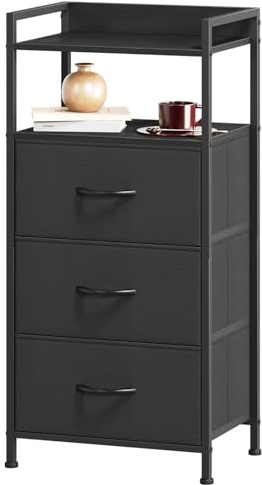 Somdot Kommode for Schlafzimmer, 3 Schubladen, offenes Regal, Schwarz