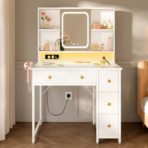 ODK Dressing Table with Adjustable LED Mirror & Built-in USB Power Outlets & RGB Light Strip, Vanity Desk with 5 Fabric Drawers & 3-Layer Shelves, White Makeup Desk 90×40×139cm