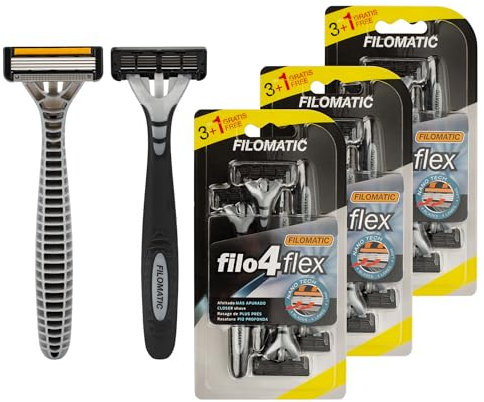 Filomatic Filo4Flex - Pack de 12 Maquinillas Desechables para Hombre con 4 Hojas, Banda Lubricante y Cabezal Basculante, Diseñadas para un Afeitado Preciso y Confortable (3 Pack de 4)