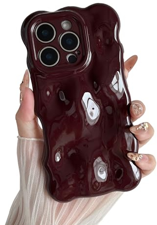 XIZYO Solid Color Wavy Bubble Case for iPhone 15 Pro Max, Wine Red | Cute Curly Wave Frame, Aesthetic Curvy Design, Full Camera Protection, Soft TPU Silicone,Shockproof Anti-Yellow,Girly Style