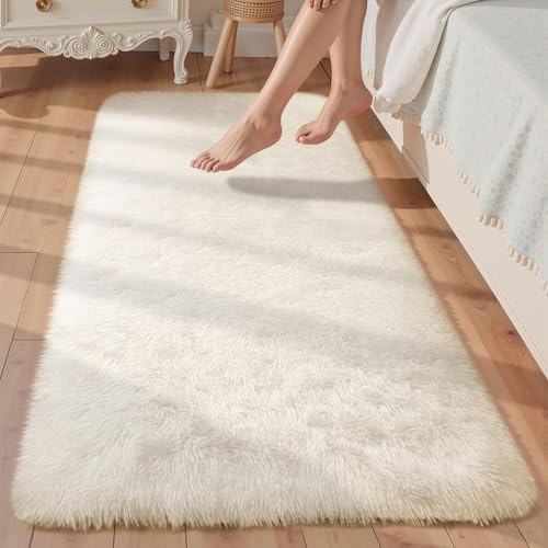 Treeboy Hochflor Teppich Creme Carpet Wohnzimmer 60x120 Läufer Schlafzimmer | Teppiche Schlafzimmer Flauschiger Teppich Waschbar Anti-Rutsch Extra Große Carpet Teppichen für Schlafzimmer Kinderzimmer