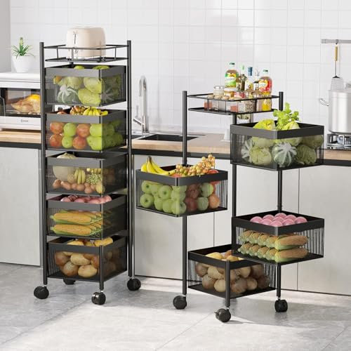6 Tier Metal Fruit Basket for Fruit, Metal Rotating Storage Shelves Rack, Multi-Tier Portable Floor Standing Rotating Kitchen Cart Trolley, Mesh Square Moveable Vegetable Fruit Basket Shelves, Black