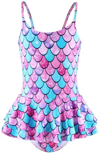 SERTAS Meerjungfrauen-Badeanzug für Mädchen, Kostüm, Meerjungfrauen-Badeanzug, Kinder-Rüschenrock, einteiliger Badeanzug, Sommerurlaub, Strandmode für Mädchen, violett, 120 cm