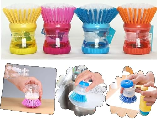 1x Random Eco Friendly Soap Dispensing Washing Up Scrubber Brush with Built In Storage Tank Replaceable Sponge Small Round Cleaning Brush for Dishwashing Pots Pans Sinks Cookware