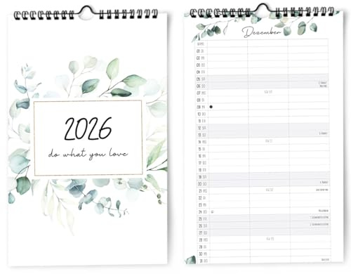 Familienkalender I ODER Kalender für Zwei 2026 I 3 Spalten I 20 x 32 cm I Eukalyptus, Blumen I Partnerkalender 2026 als Monatskalender I Familienplaner I Paarplaner zum Aufhängen