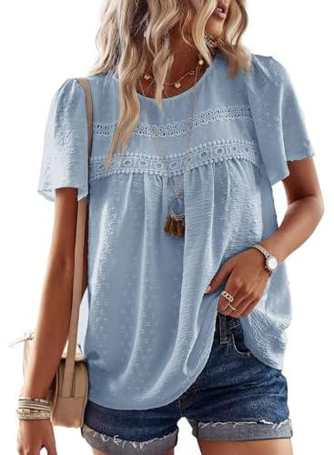 TUUHAW Dam Toppar Sommar Rund Hals Kortärmad Skjorta Avslappnad Stickad Chiffong Blus Flödesrik Spetskant Boho Kläder Trendig, BLÅ, M