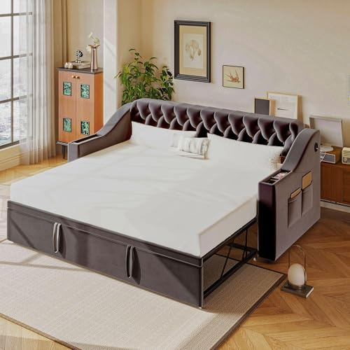 TOBIDOEN Polsterbett Schlafsofa 90/180x190 cm mit Ausziehbett, Breitere und Dickere Armlehnen, Daybed Tagesbett mit Lattenrost, Bett ausziehbar zum Doppelbett, Samtstoff, Dunkelgrau