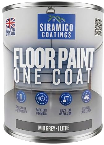 SIRAMICO COATINGS One Coat Anti-Slip Floor Paint | 1 Litres | 5 Modern Colours I Waterbased, Quick Drying Formula | White, Black, Greys (Mid Grey, 1 Liter)