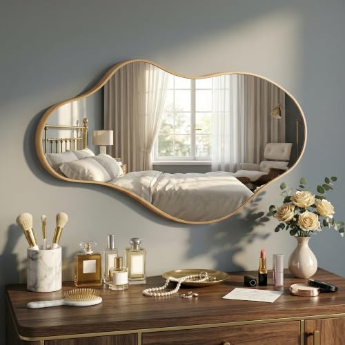 Fahomiss Asymmetrischer Wandspiegel – Moderner Spiegel mit Metallrahmen, vertikal oder horizontal montierbar (Gold, 110L x 60B cm)