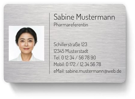 100 Visitenkarten, laminiert, mit eigenem Foto/Logo, inkl. Kartenspender - Design Alu