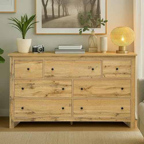 Comodas de Madera, comodas y cajoneras Dormitorio, cajonera 7 cajones, aparador Madera, Mucho Espacio de Almacenamiento, 152 x 40 x 89 cm