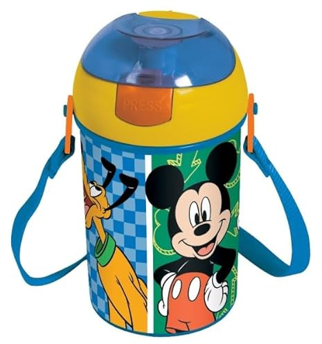 Borraccia Pop UP 450 ml con Tracolla e chiusura Tappo per Bambini Scuola (MICKEY MOUSE TOPOLINO)