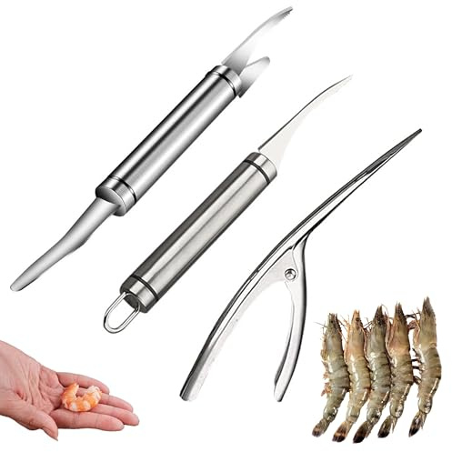 LHCHGEN 3 pcs Shrimps Knife Portable Stainless Steel Prawn Peeler Shrimp Deveiner Tool and Peeler Set,Multipurpose Shrimp Peeler seafood Cleaning Tools,for Seafood Preparation and Shelling (Silver)