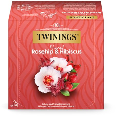 Twinings Hagebuttentee mit Hibiskus FLORAL ROSEHIP & HIBISCUS - aromatischer Früchtetee im Beutel mit rubinroter Farbe, fruchtig & blumig (50 Teebeutel, 125g)