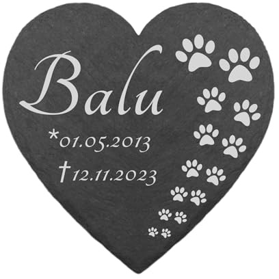 kultdog Schiefer Herz Grabstein mit Gravur - Gedenkstein für Mensch, Hund, Katze, Haustiere - Tiergrabstein mit Wunschtext - Grabschmuck für Urnen - Gedenktafel personalisiert - Pfotenspur