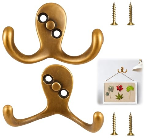 2PCS Antique Brass Double Coat Hooks, Heavy Duty Metal Hooks with Screws Door Wall Robe Dress Garment Hangers Brass Hooks Gold Coat Hooks for Hanging Coats Towels and Hats Bathroom Bedroom Office