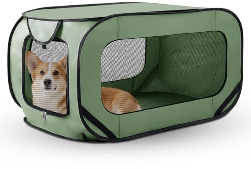 Faltbare Hundebox Auto, Transportbox Hund & Katze bis 29.5 kg (94x53x53 cm), Robuste Hundetransportbox faltbar mit Doppeltüren & Sicherheitsgurt, Tragbarer Rückzugsort für Reisen (Grün)