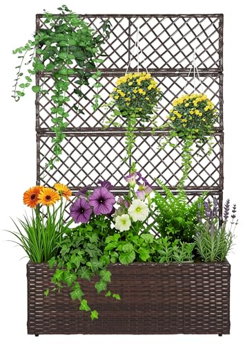 52’’ H Garden Planter Box with Trellis Outdoor for Vine Climbing Plants, Flowers Handwoven Rattan Garden Bed with Removable Liners for Backyard Patio Balcony