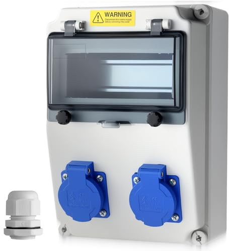 EYPINS Coffret Électrique de Chantier Boîtier de Prise Étanche IP66,Prise Schuko x2,Coffret Électrique Compact pour Chantier,Extérieur,Camping,Sans Interrupteur Différentiel