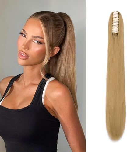 Gairyan Ponytail Extensions slät lång 60 cm Claw on hästsvans hårdel klämma clip in Extensions fläta rak hårdel fläta syntetiskt hår hårförlängning för kvinnor, mörk blond