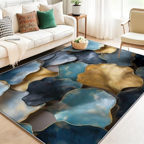 Alfombras para Salon - alfombras Lavables 120 x 180 cm Antideslizante Gris Azulado, Abstracto Elegante Metálico Pétalos Hojas Alfombra de Franela para Dormitorio Cocina Dormitorio Decoración