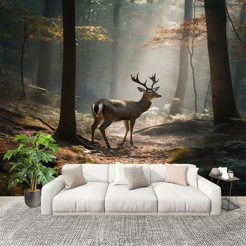 Mural Papel Pintado 3D 250x175cm Bosque Animales PatróN De Ciervos Fotomurales Tejido No Tejido Antiarrugas Póster Color Claro Murales Fotográfico Moderno Decoración de Paredes