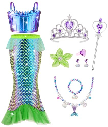 AOOWU Sjöjungfrudräkt Flicka, 9 PCS Flickkostym av Sjöjungfru Klänning med Toppar, Kjoler, Ceptro Halsband Örhängen Accessoarer, Flickkostym Halloween Cosplay Födelsedag Karneval Fester (130CM)
