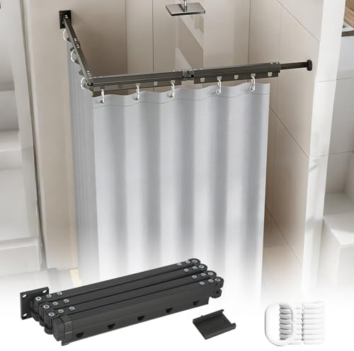 Faltbare Duschvorhangstange Ohne Bohren mit Wasserdichtem Duschvorhang, Drehbare Duschstange L-Form U-Form oder Gerade, Duschvorhang mit Stange für Badezimmer Badewanne (Grau, 4-fach faltbar)
