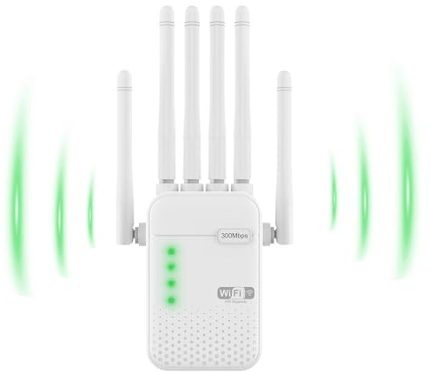WiFi Extender Booster for Home, 6 Antennas, 300Mbps, Up to 98㎡ Coverage, 42 Devices, Repeater/Router/AP Mode, 2 LAN Ports, UK Plug.