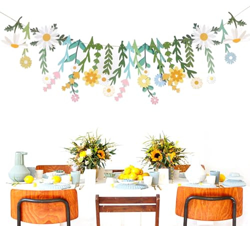Blumengirlande Frühling, Filzblumen Girlande mit Gänseblümchen, Papierblumen zum Aufhängen, Blätter Girlande für Babyzimmer Deko, Frühlingsdeko Gartenparty, Hochzeit Kindergeburtstag Sommerdeko