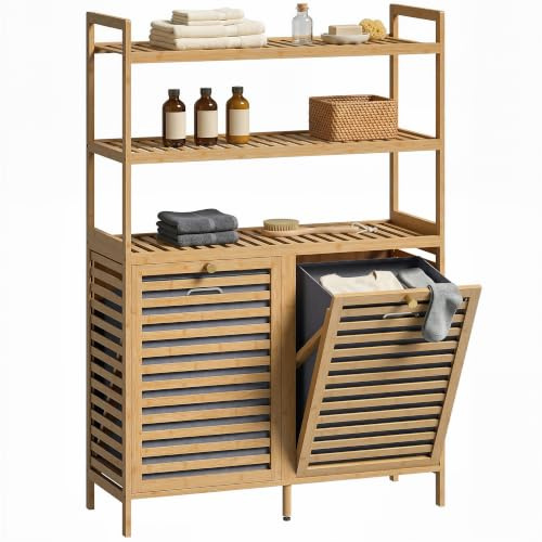 HOMCOM Mobile Portabiancheria da Bagno Bambù 2x38.7L 80x30x118 cm Rovere | 2 Scomparti a Ribalta, Mobile Biancheria Sporca, Cesti Rimovibili, 3 Ripiani, Lavanderia e Bagno