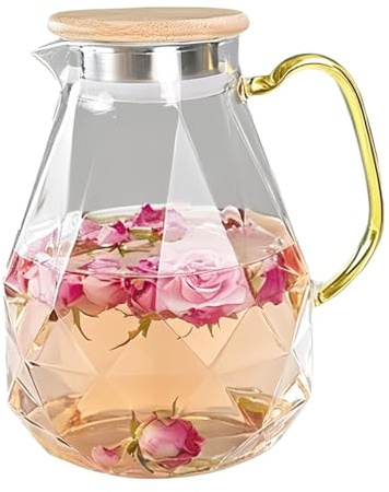 Glass Water Pitcher - 2L Glass 21.5cm, Large Capacity Beverage Jug With Lid Handle, Lemonade Dispenser | Juice Carafe, Iced Tea Coffee Milk Server For Kitchen Dining Office Party Use