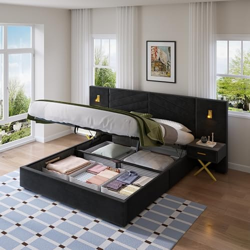 Bettanlage Schlafzimmer Komplett Set, Polster Doppelbett 160x200cm, Einstellbarer Bettkasten mit Lagfunktion, Vertikalgerippe mit Quiltschwinghaupt, Mit Bettbänken & LED-Lampen an den Seiten, Samt