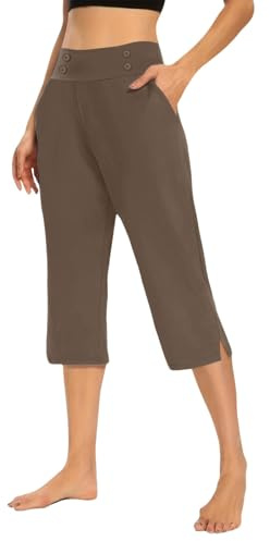 Yogabyxor dam 3/4 hög midja, damsportbyxor 3/4 bomull, ventilerande capri-yogabyxor, vida ben, träning, joggingbyxor med fickor, lätta lediga sommarbyxor, enfärgade, bekväma fritidsbyxor, kaffe, 5XL