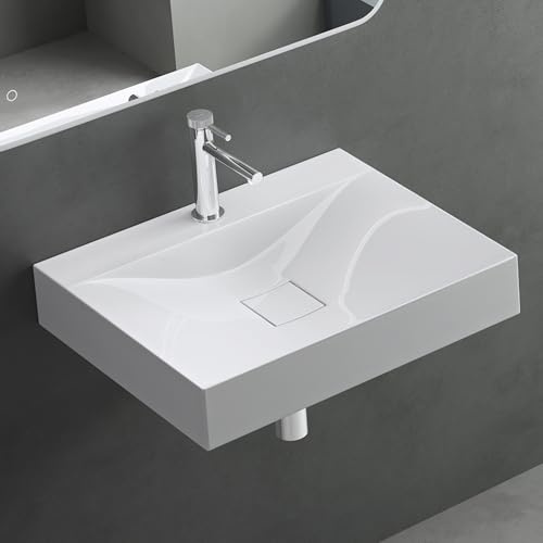 Mai & Mai Lavabo Rectangulaire Posé Suspendu 60x48x10cm sans Trop-Plein | Vasque Lavabo, Perçage Robinet, Cache-Bonde Inclus, Surface Lisse, et Facile à Nettoyer, Colossum810-600