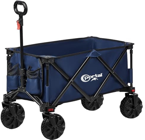 PORTAL Chariot de Plage Pliable, Chariot de Transport à roulettes Tout Terrain Poignée Réglable Charrette pour Extérieur Camping Pique-Nique avec Roue de 20 cm