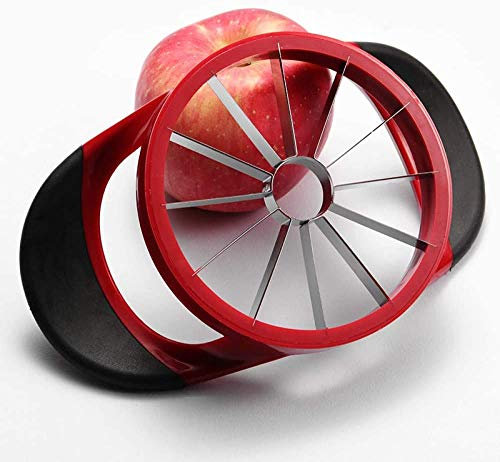 YIQI Rebanadora de manzana, cortador de frutas de acero inoxidable, 12 cuchillas, extra grande, fácil de usar y limpiar, incluye divisor y pitter, adecuado para manzanas de hasta 4 pulgadas, rojo