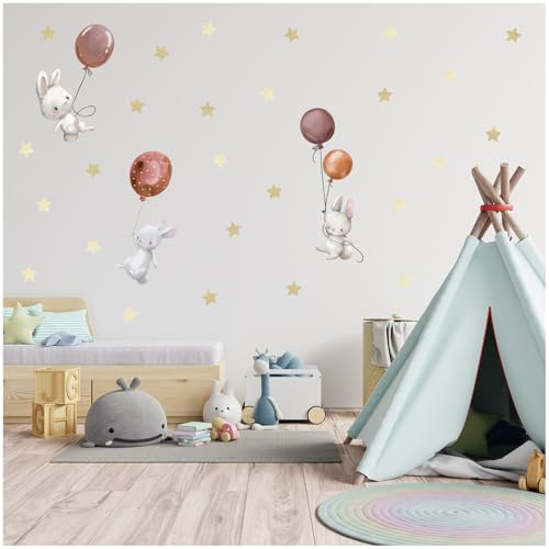 yabaduu Wandsticker personalisiert Sticker Aquarell Tiere mit Name Wandtattoo für Kinderzimmer Babyzimmer Spielzimmer Mädchen Junge Y037 (Nr. 7 Hasen mit Ballons Erdtöne, Ohne Wunschname)