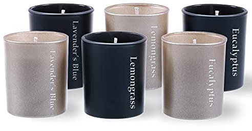 Candellana Glas Kleines Set, Sechs Duftkerzen, 5,5x6,5cm, Schwarz Matt & Messing, Europäisches Wachs, Natürlicher Baumwolldocht, Anti-Moskito, Zitronengras, Lavendel, Eukalyptus, Recyclebar