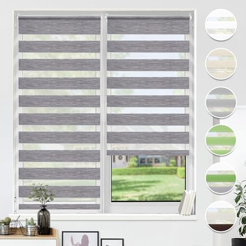 HOMEDEMO Doppelrollo Klemmfix ohne Bohren & mit Bohren, Rollos für Fenster und Tür, 35x120cm (Stoffbreite 35cm, Leinen-grau), Duo Rollo Klemmrollo lichtdurchlässig, Fensterrollo Sichtschutz