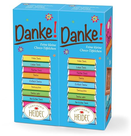 Heidel Danke Vollmilchschokolade Täfelchen 2x80g, pro Packung 16 Stück | Mini-Tafeln à 5g, mit cremigen Geschmack, geschenkfreundliche Verpackung, Vielfältige Danksagungen, Exquisite Geschenkidee