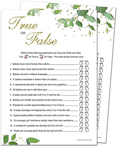 20 x True or False Baby Shower Game - Botanicals Design (20 Guest Cards + 1 Card of Answers for The Host + Winner Certificate)