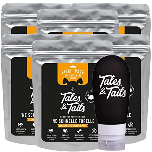 Tales & Tails® - Schlecktubenpaket I Futtertube für Hunde + 6X hochwertige Belohnung zur Befüllung I 6 x 300g Nassfutter I Monoprotein I 100% Forelle (Forelle)