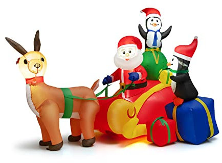 COSTWAY Aufblasbarer Weihnachtsmann mit Schlitten, LED Weihnachtsdekoration mit 2 Pinguinen, Geschenkboxen, Winterdekoration Weihnachtsbeleuchtung für Hof, Rasen, Garten, Party, Selbstaufblasend