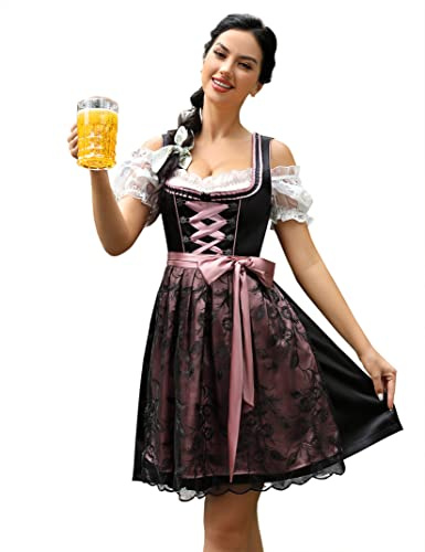 KOJOOIN Damen Trachtenkleid Midi Kurz Dirndl 3tlg. für Oktoberfest DREI Teilig: Dirndlkleid,Bluse,Schürze Schwarz 38
