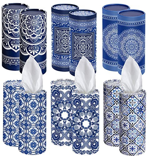 Outus 12 Pcs Mandala Car Tissues Cylinder Holder with 3 Ply Facial Tissue Bulk Round Tissue Holder Travel Tissues Boxes Container for Car Cup Wedding Birthday Party